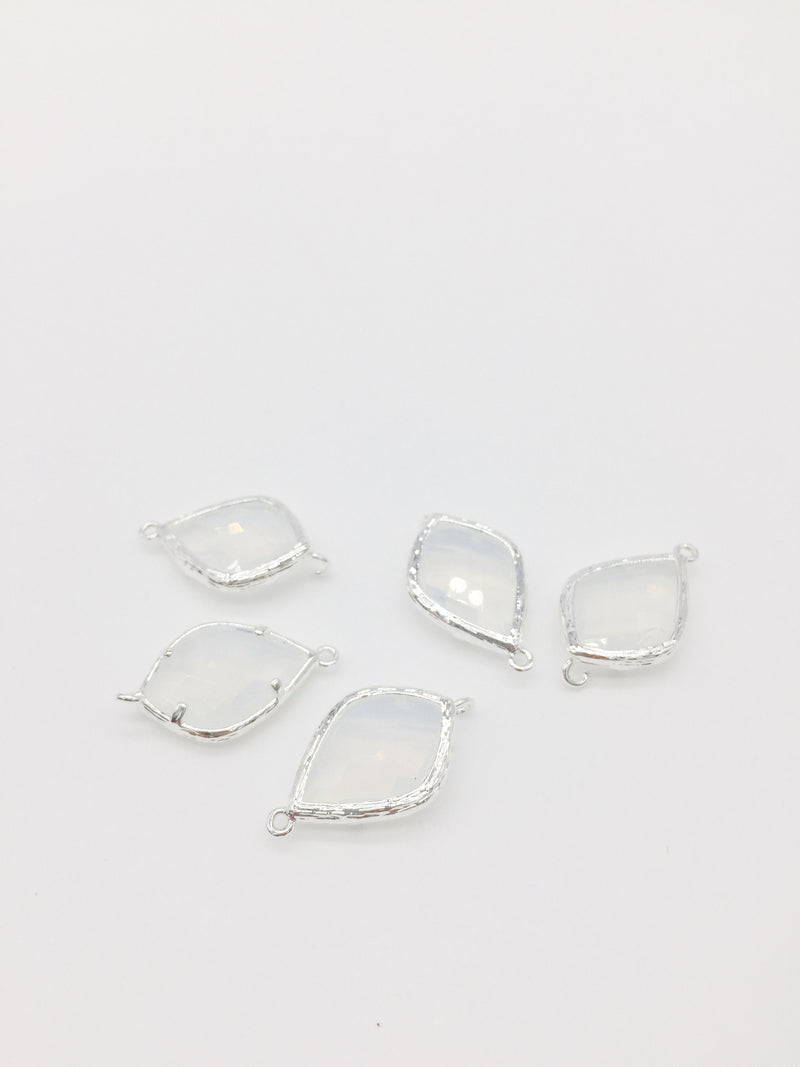 2 x Silver Plated White Opal Glass Teardrop Connectors, 23x14mm (1397)