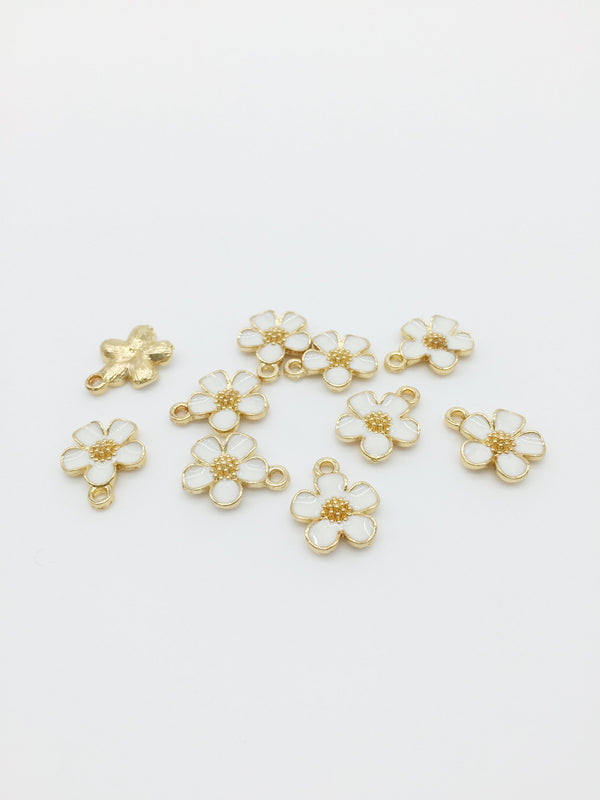 10 x White Enamel Flower Charms Gold Plated 5 Petal Flower Pendants, 16x13mm (2164)