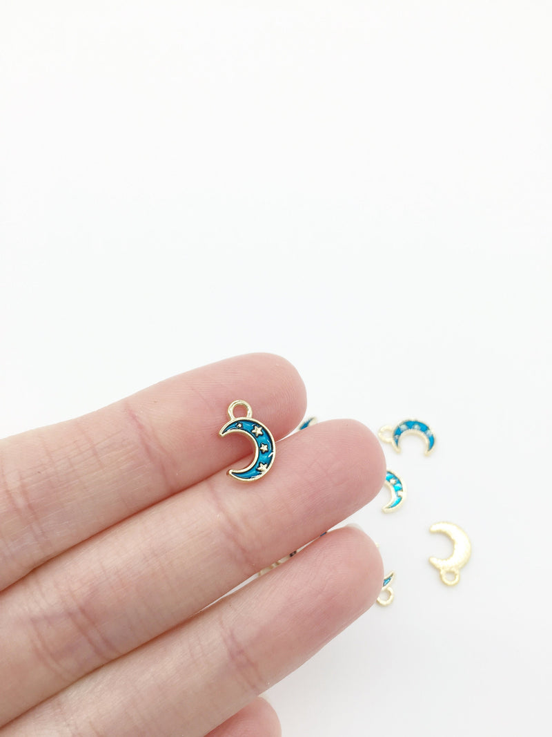 10 x Tiny Gold Tone Enamel Moon Charms, 12x8mm (2170)