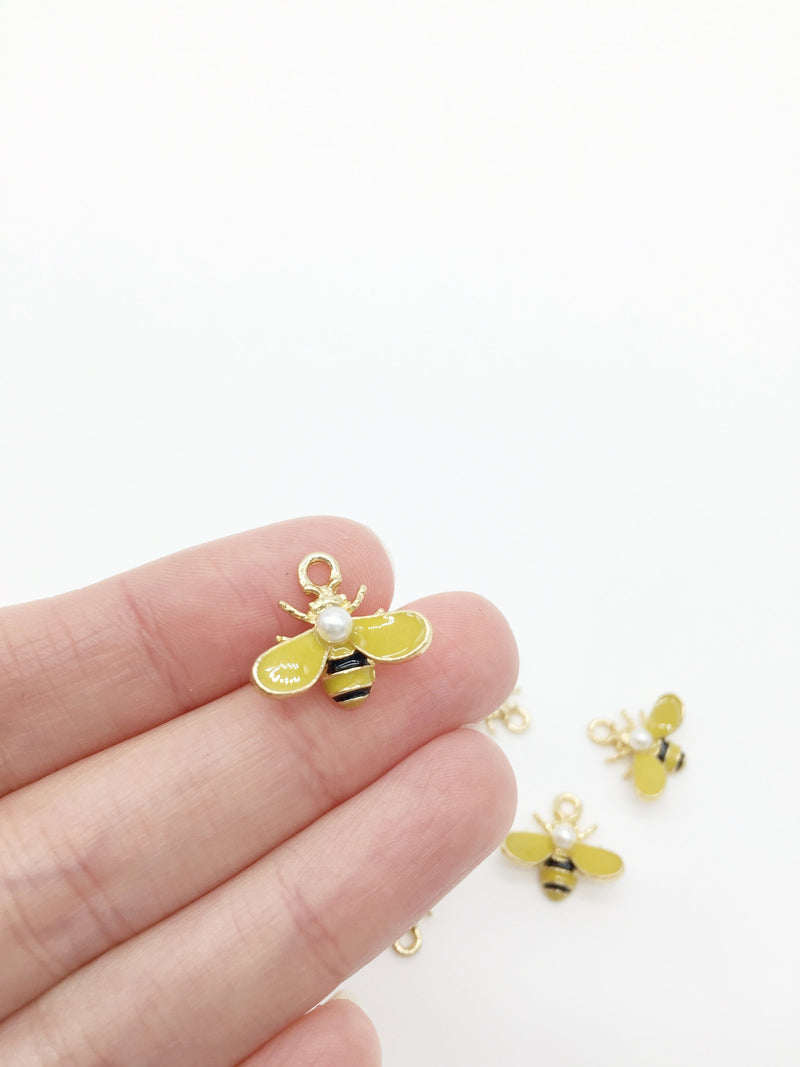 4 x Gold Plated Bee Charms with Enamel and Pearls, 16x18mm (2171)