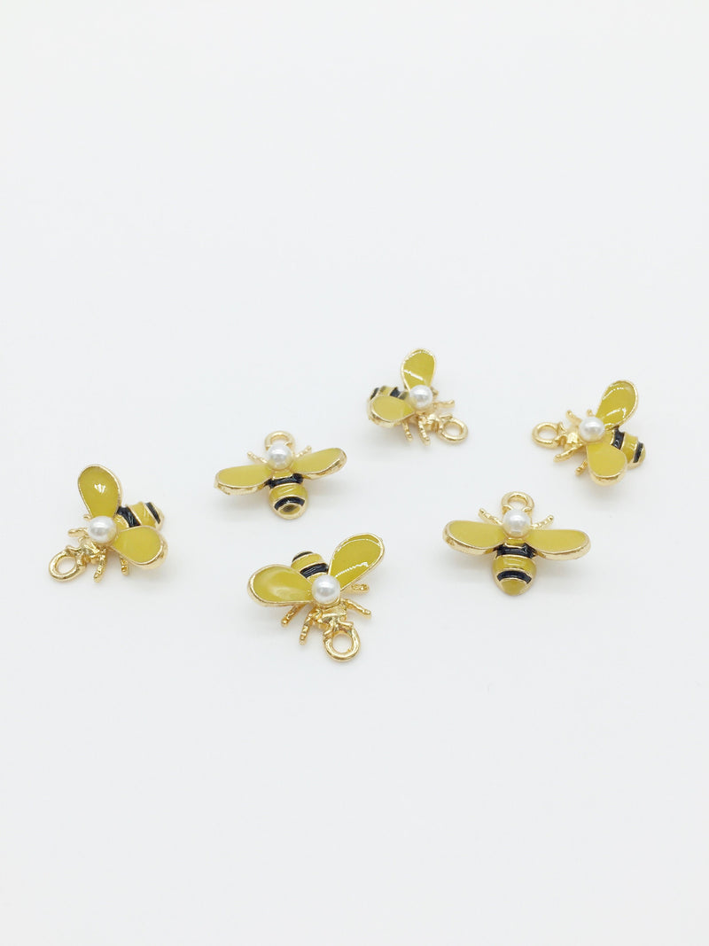 4 x Gold Plated Bee Charms with Enamel and Pearls, 16x18mm (2171)