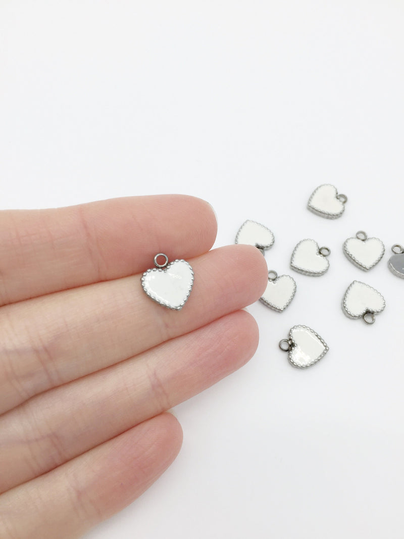 1 x Solid Stainless Steel Heart Charm with White Enamel, 12x11mm (2152)