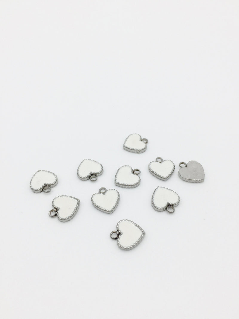 1 x Solid Stainless Steel Heart Charm with White Enamel, 12x11mm (2152)