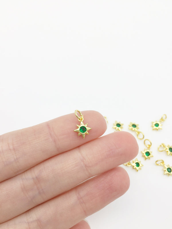 2 x 18K Gold Plated Tiny Emerald Green CZ Star Charms, 10x8mm (2153)