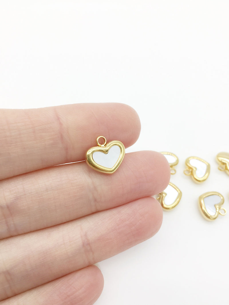 18K Gold Plated Stainless Steel Heart Charms with Mother of Pearl Inlay, 12x11mm (2156G)