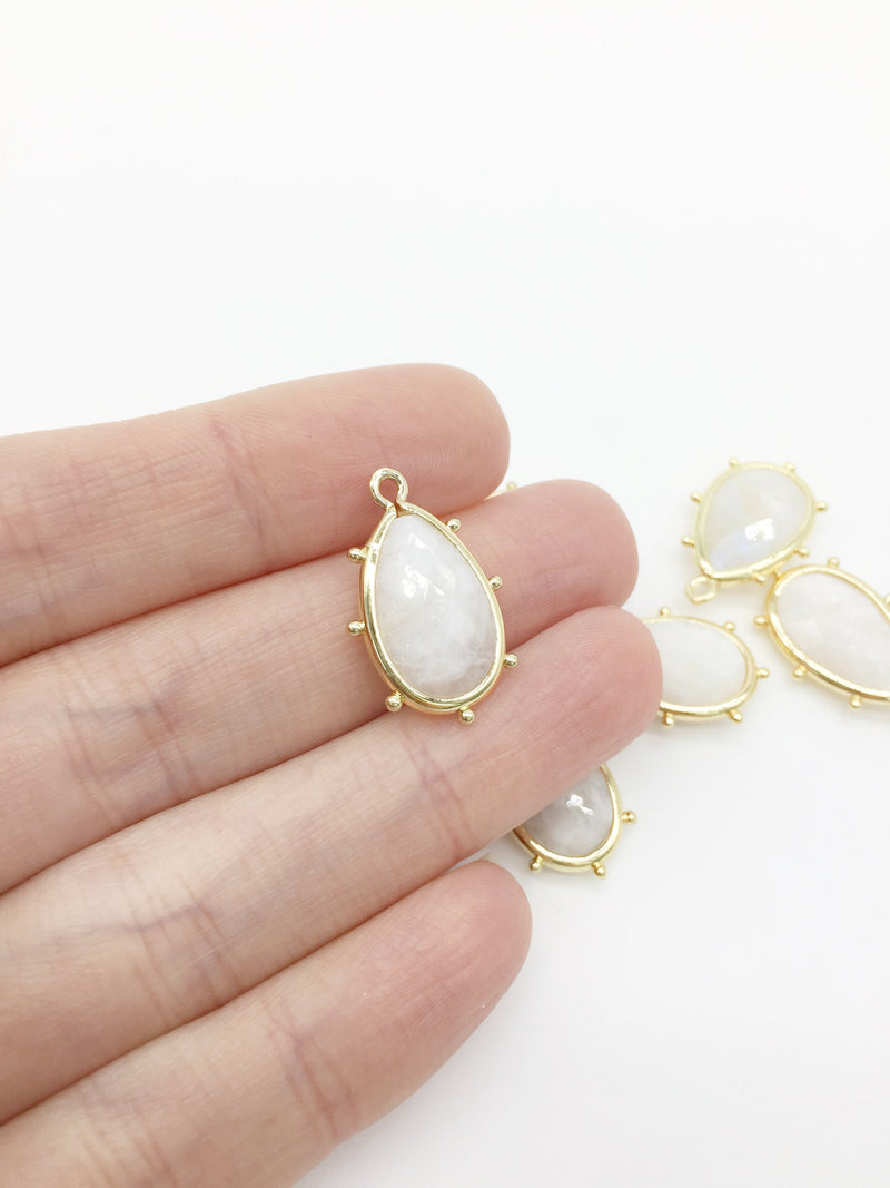 1 x 18K Gold Plated Dotted Teardrop Charm with Natural White Moonstone, 23x15mm  (2159)