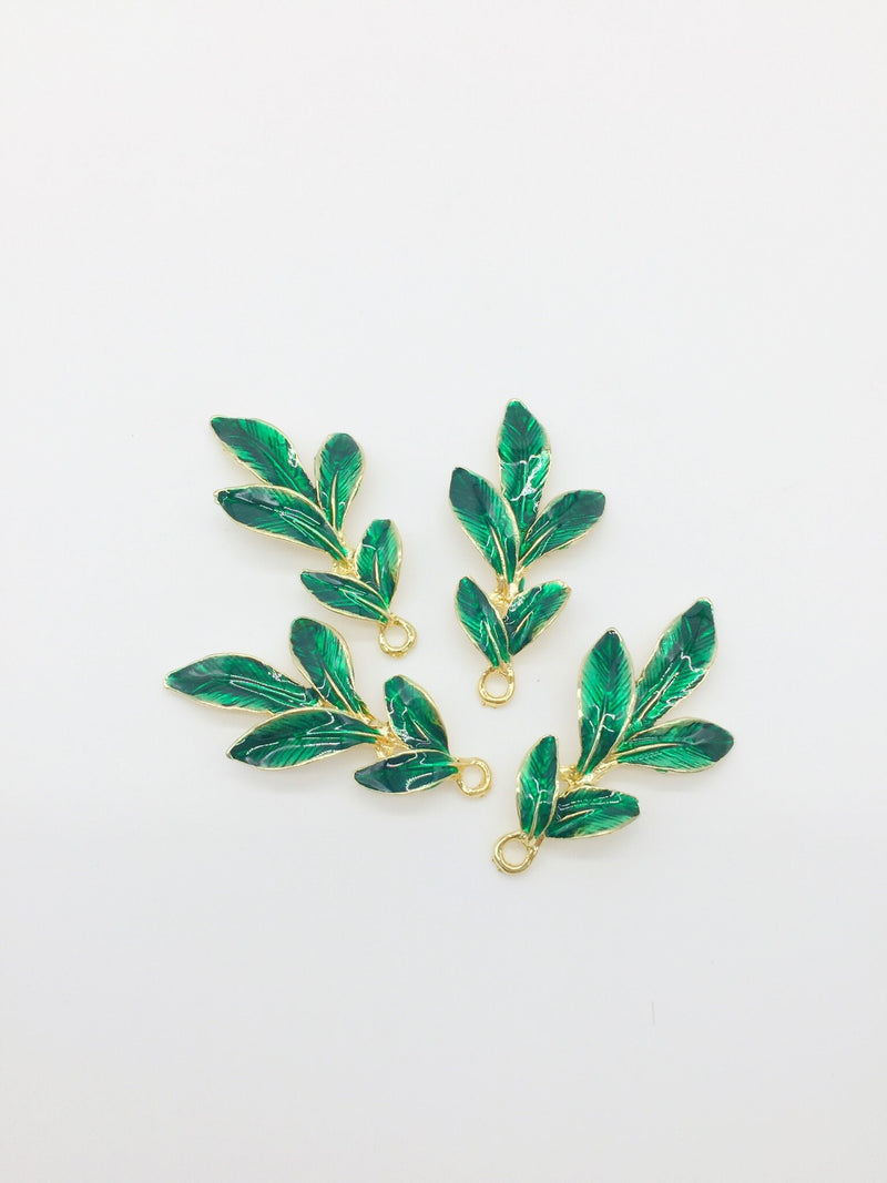 4 x Gold Plated Green Enamel Laurel Leaf Charms, 46x23mm (3643)