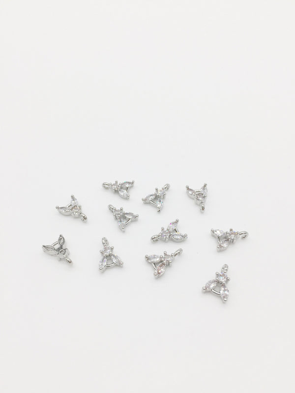 2 x Tiny Rhodium Plated Cubic Zirconia Two Petal Connectors, 10x7mm (2122)