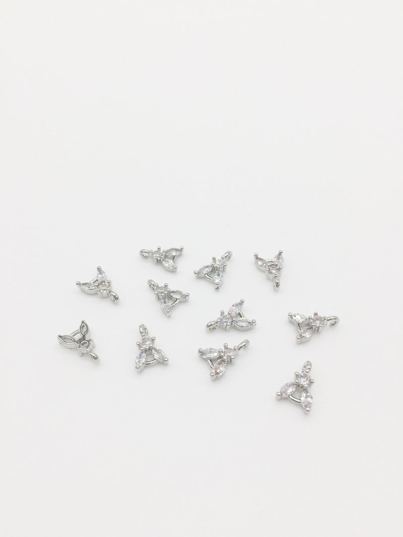 2 x Tiny Rhodium Plated Cubic Zirconia Two Petal Connectors, 10x7mm (2122)