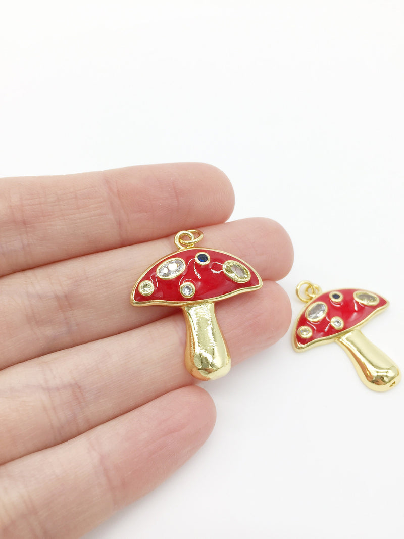 1 x 18K Real Gold Plated Fly Agaric Mushroom Pendant with Cubic Zirconia 29x25mm (0044)