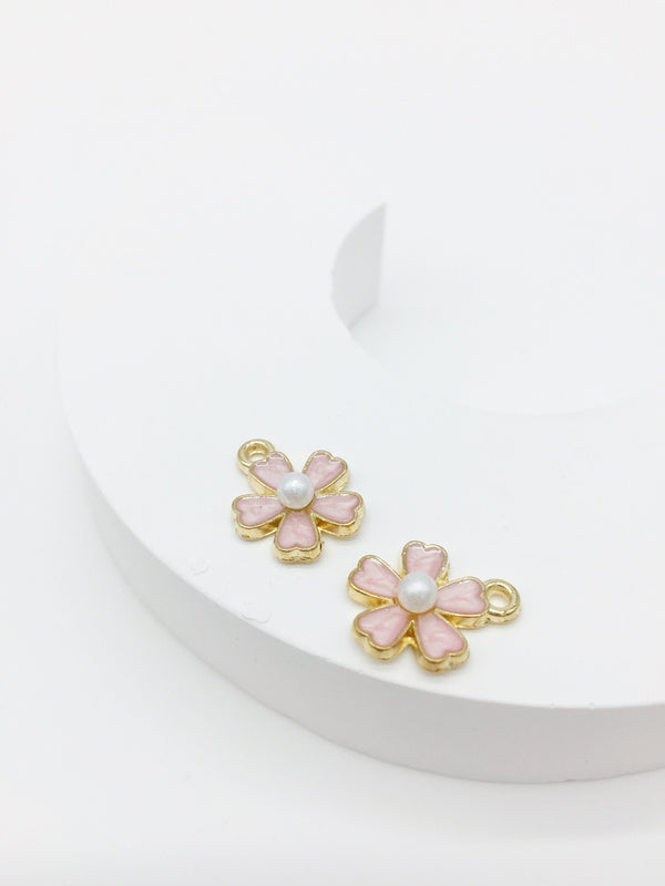 10 x Pearl Pink Enamel Flower Charms with Pearl Centre, 15x12mm (0188)