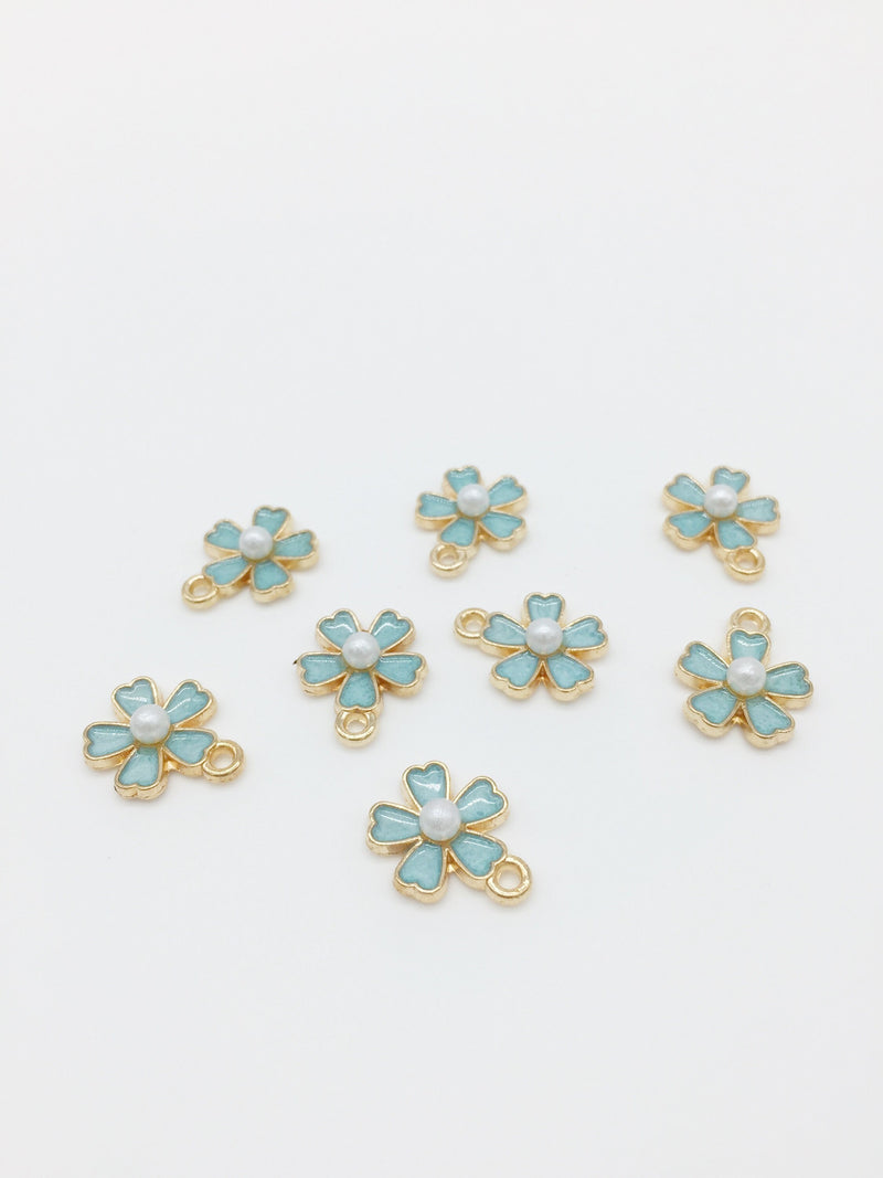 10 x Pearl Blue Enamel Flower Charms with Pearl Centre, 15x12mm (0192)