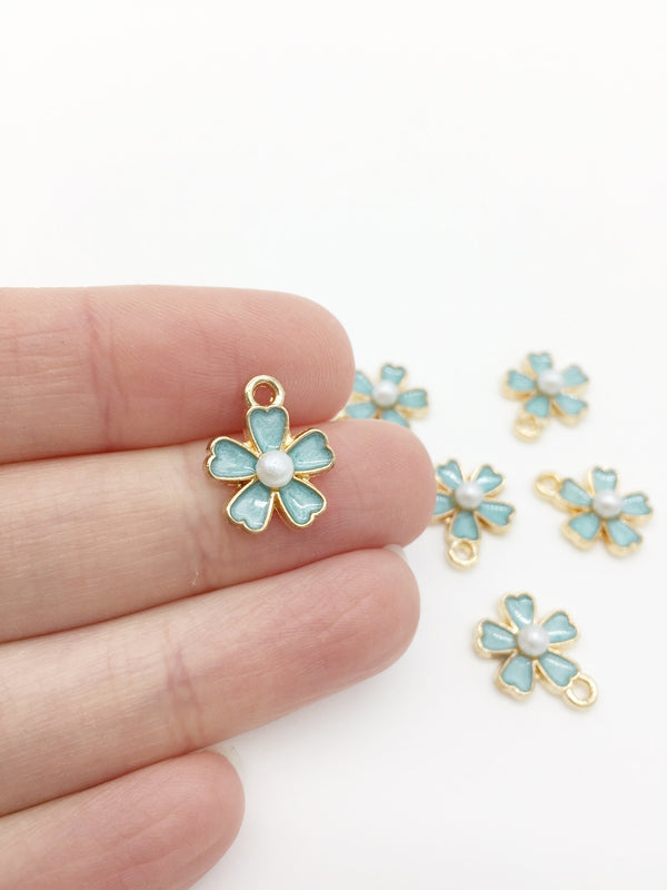 10 x Pearl Blue Enamel Flower Charms with Pearl Centre, 15x12mm (0192)