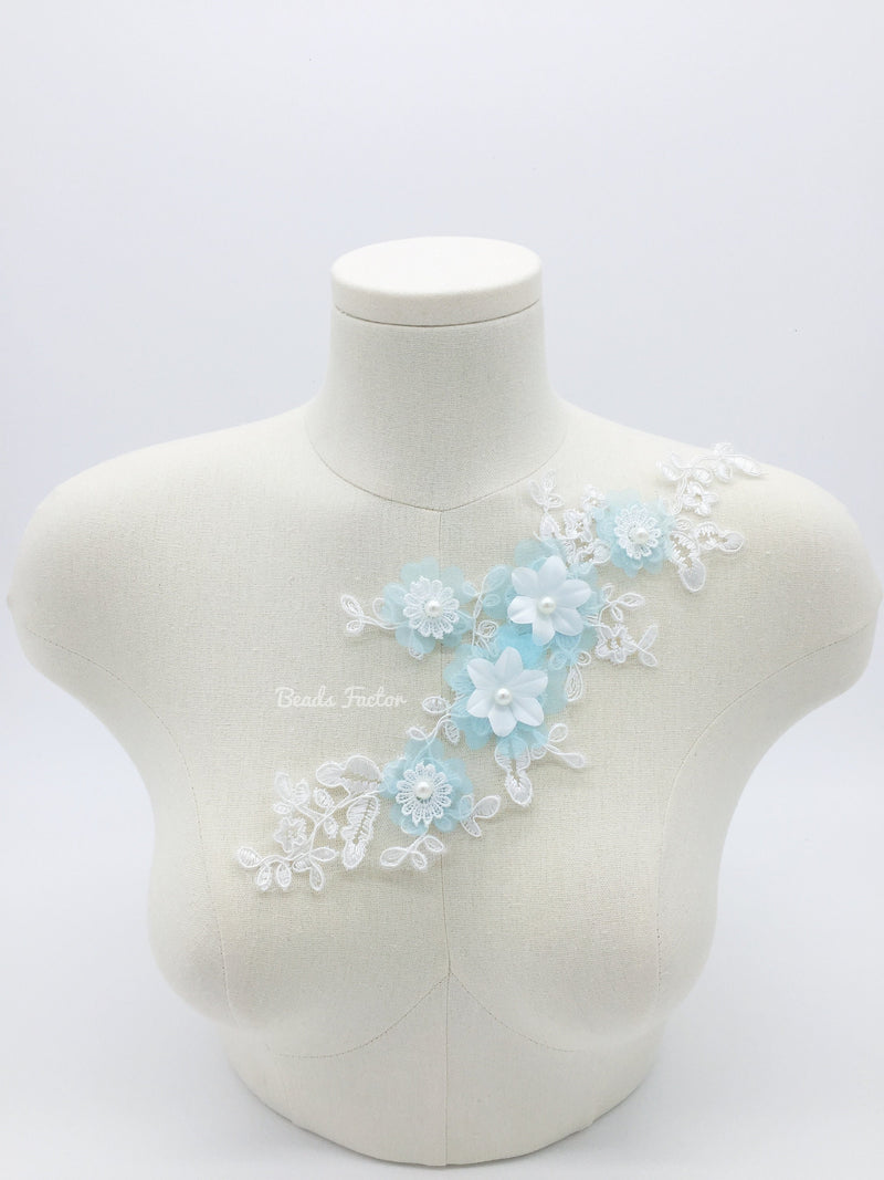 Beaded 3D Flowers White and Light Blue Lace Applique, 28x11cm