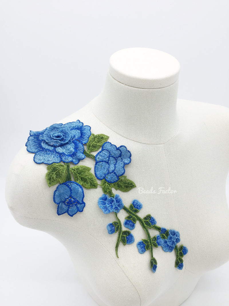 Blue Embroidered Flowers Applique, 29x12.5cm