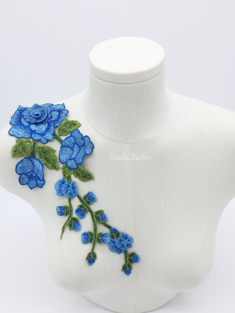 Blue Embroidered Flowers Applique, 29x12.5cm