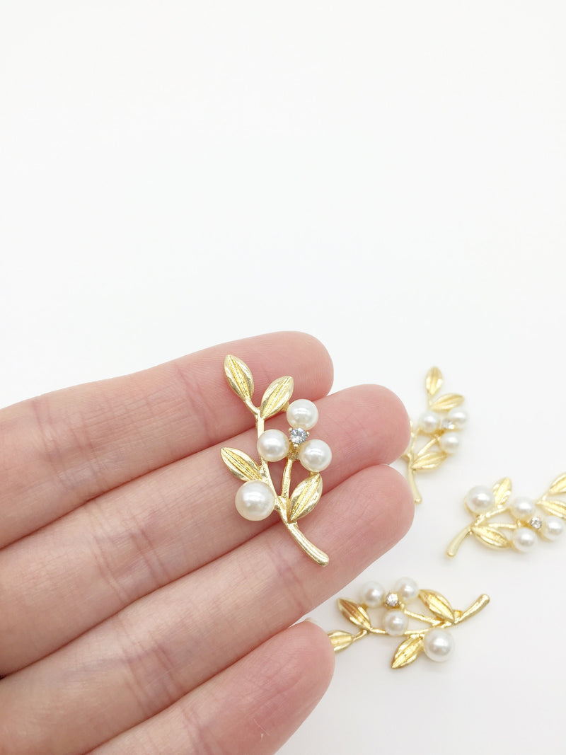 4 x Gold Laurel Leaf Branch with Pearl Flower, 35x16mm (3522)