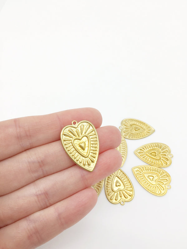 2 x Raw Brass Sacred Heart Pendants, 29x20mm (2727)