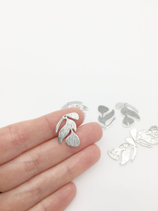 2 x Textured Rhodium Plated Leaf Charms, 21x17mm (2162)