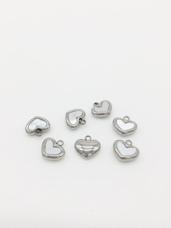 Solid Stainless Steel Heart Charms with Mother of Pearl Inlay, 11x11.5mm (2156S)