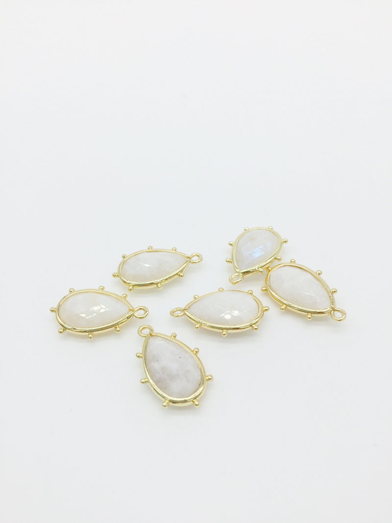 1 x 18K Gold Plated Dotted Teardrop Charm with Natural White Moonstone, 23x15mm  (2159)