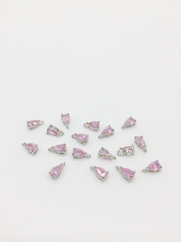 2 x Tiny Rhodium Plated Pink Cubic Zirconia Teardrop Charms, 8x4mm (2118)