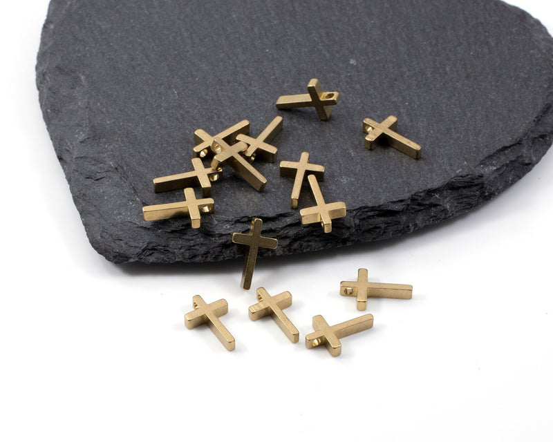 8 x Raw Brass Solid Cross Charms, 12x8 mm (C0416)