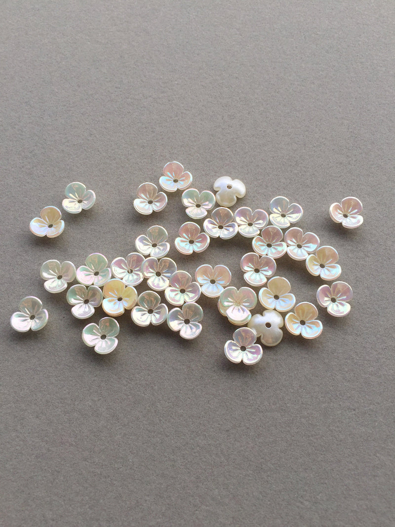 40 x AB Coated Three Petal Flower Beads, 10mm Iridescent Ivory Flowers (3675)