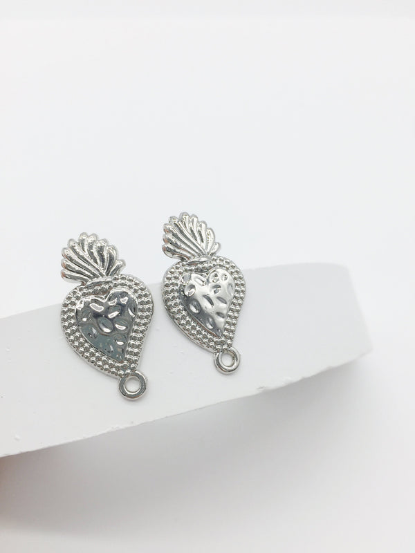 1 pair x Rhodium Plated Sacred Heart Earring Studs with Loops, Flaming Heart Earrings (2735)