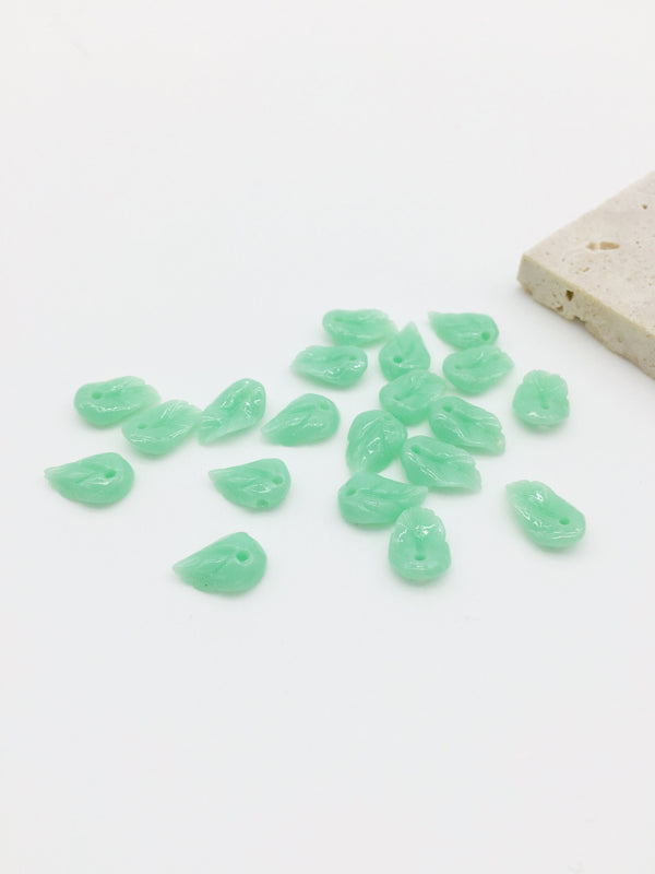 10 x Jade Green Carved Coral Leaf Charms, 11.5x7mm (3895)