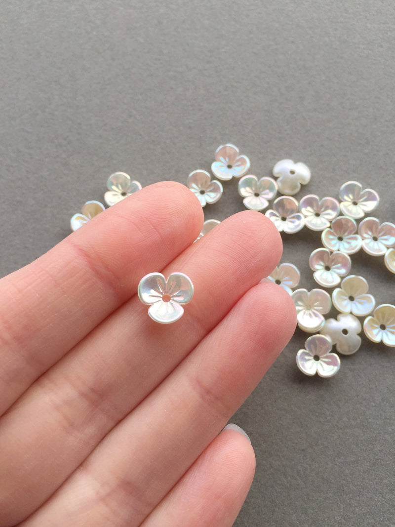 40 x AB Coated Three Petal Flower Beads, 10mm Iridescent Ivory Flowers (3675)