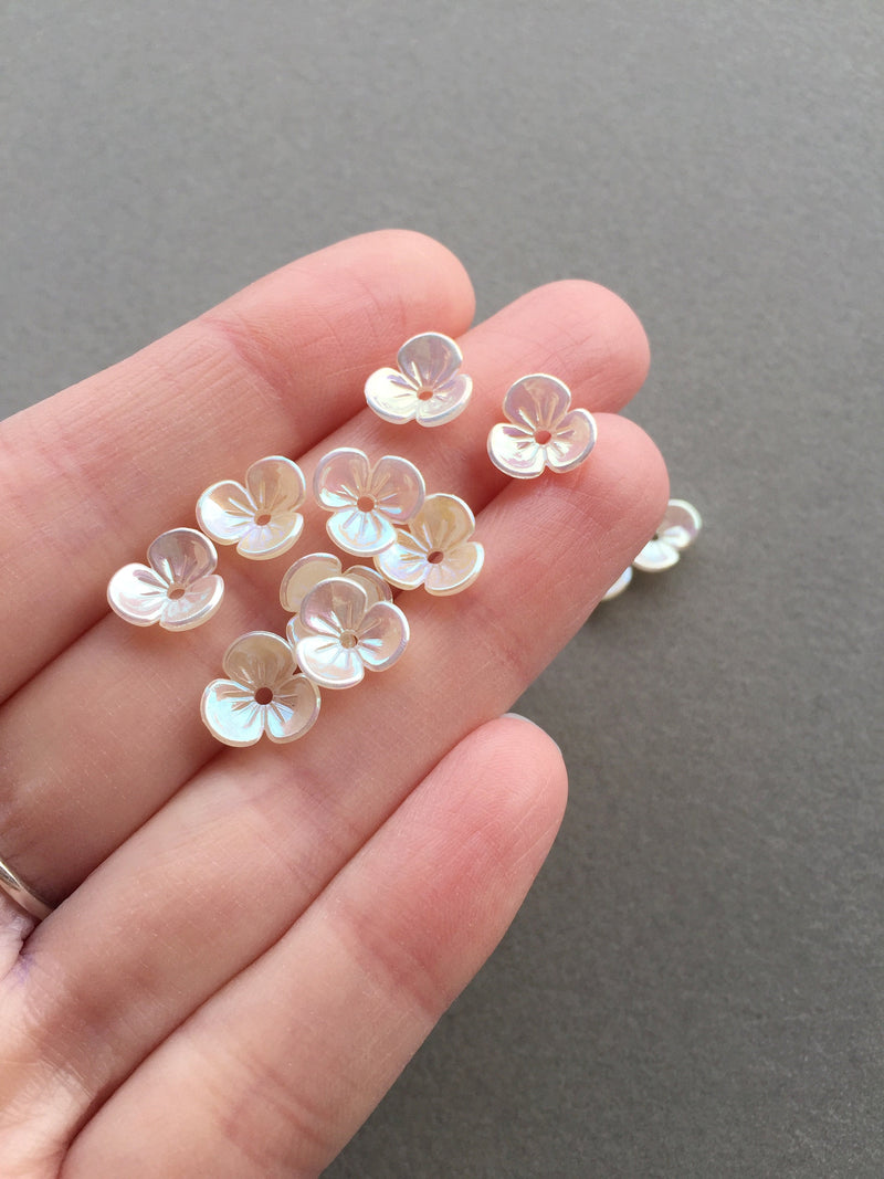 40 x AB Coated Three Petal Flower Beads, 10mm Iridescent Ivory Flowers (3675)