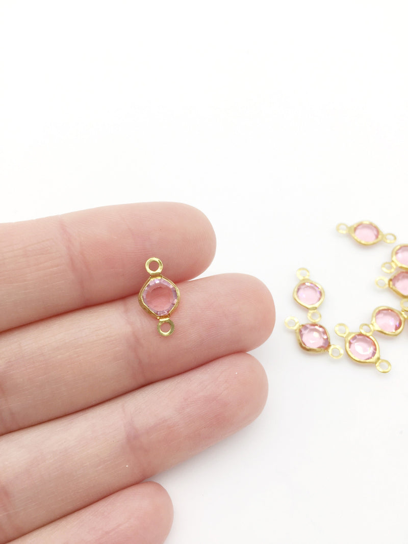 10 x Round Bezel Set Faceted Light Pink Glass Brass Links, 13x7mm (2683)