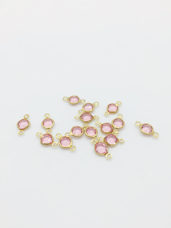 10 x Round Bezel Set Faceted Light Pink Glass Brass Links, 13x7mm (2683)