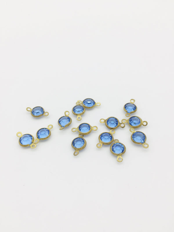 10 x Round Bezel Set Faceted Blue Glass Brass Links, 13x7mm