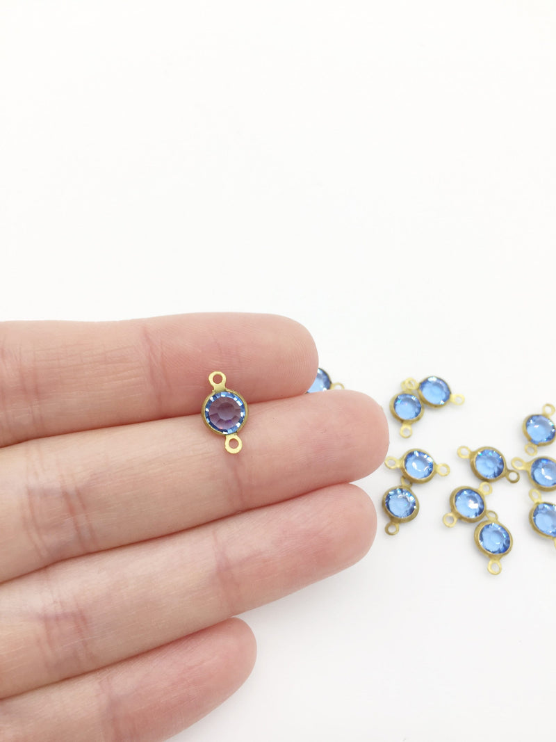 10 x Round Bezel Set Faceted Blue Glass Brass Links, 13x7mm