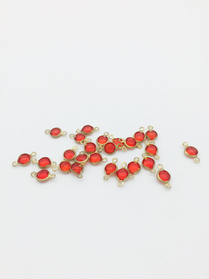 10 x Round Bezel Set Faceted Red Glass Brass Links, 13x7mm (2686)