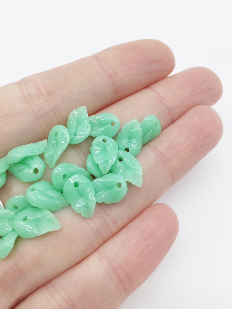 10 x Jade Green Carved Coral Leaf Charms, 11.5x7mm (3895)