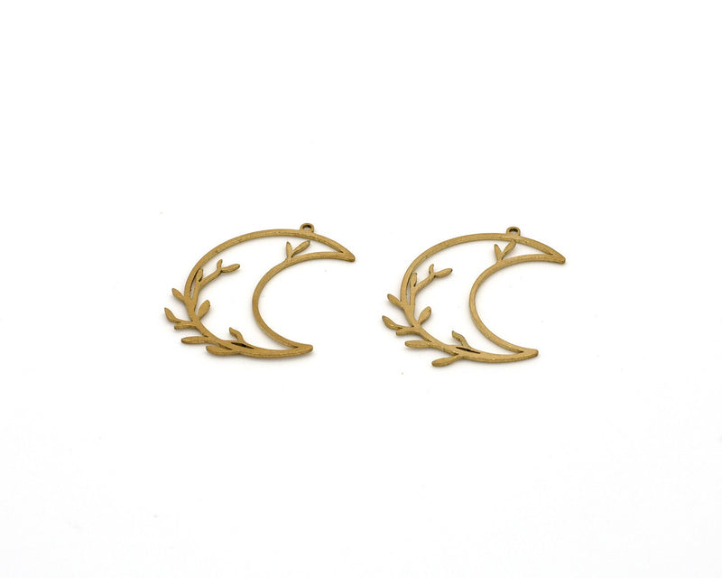 2 x Raw Brass Crescent Moon Charms, 31x22mm Open Bezel Moon Pendant (C0667)