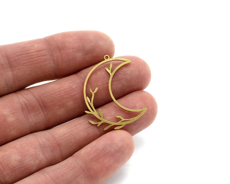 2 x Raw Brass Crescent Moon Charms, 31x22mm Open Bezel Moon Pendant (C0667)