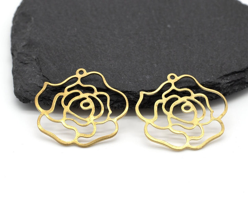 4 x Raw Brass Rose Flower Pendants, 31x33mm (C0221)