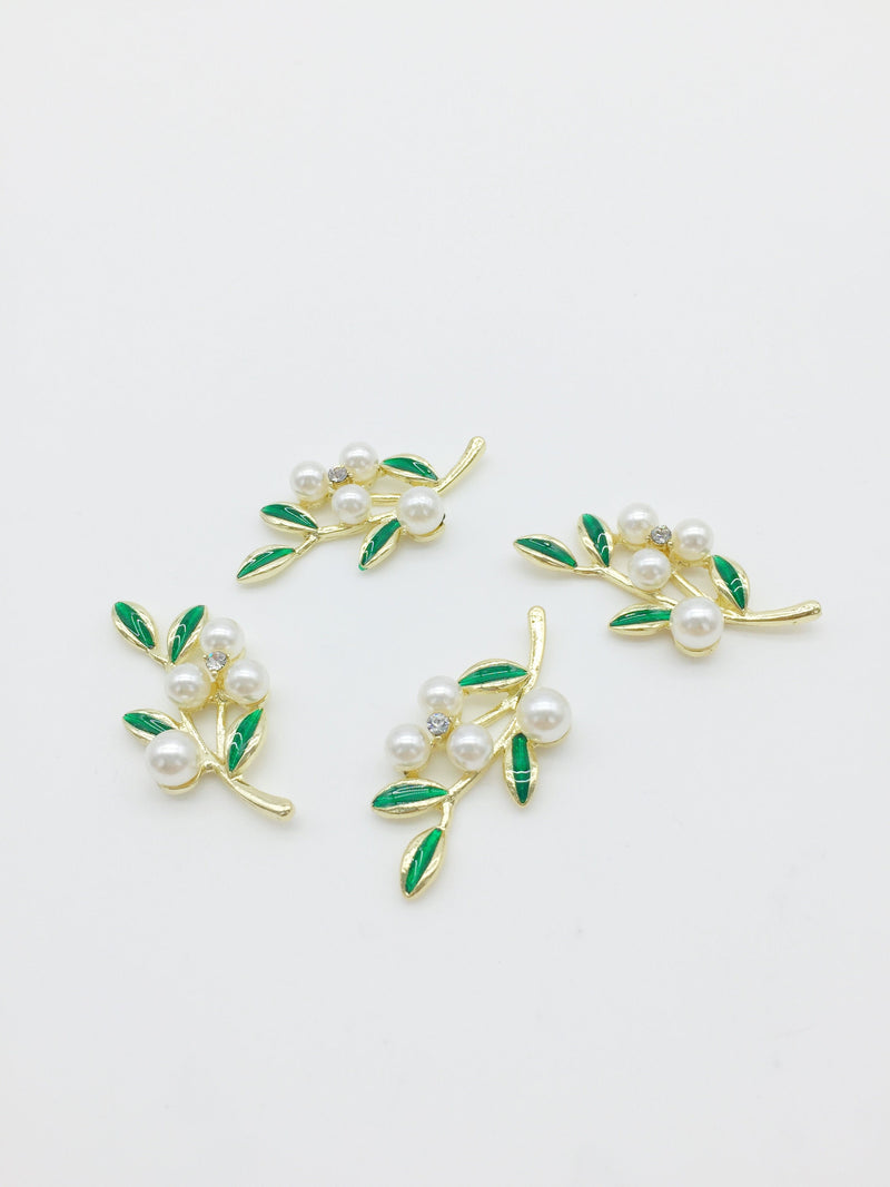 2 x Gold Laurel Leaf Branches with Pearl Flower, Green Enamel Metal Leaves