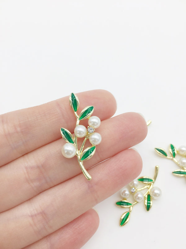 2 x Gold Laurel Leaf Branches with Pearl Flower, Green Enamel Metal Leaves