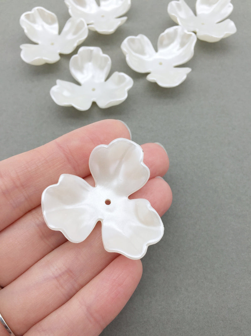 4 x Large Pearl Ivory Flower Beads, 37mm Three Petal Lucite Flowers