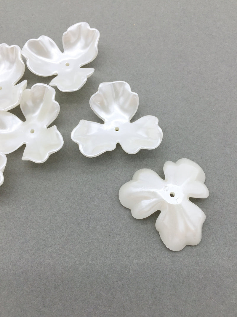 4 x Large Pearl Ivory Flower Beads, 37mm Three Petal Lucite Flowers