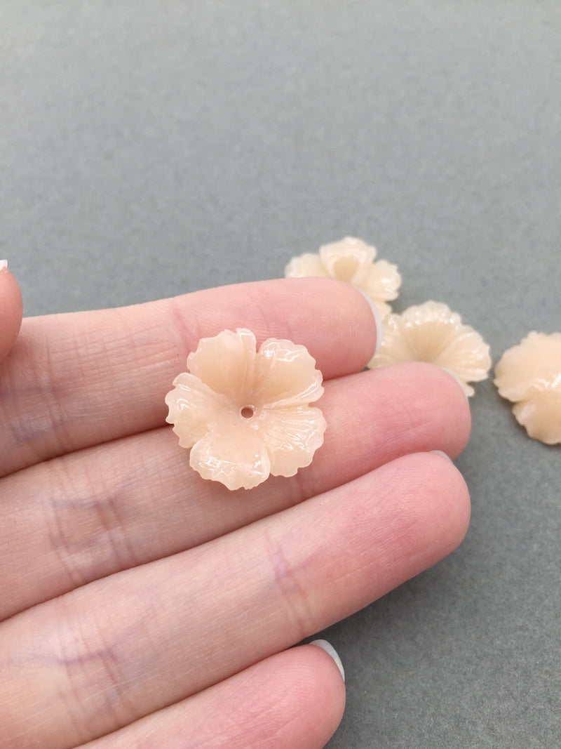 4 x Carved Nude Coral Imitation Flower Beads, 20mm