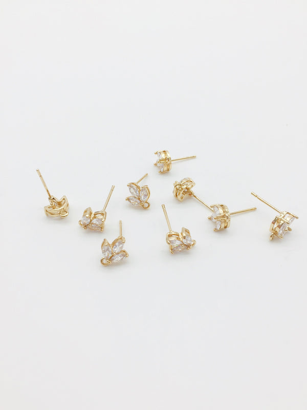 1 pair x 18K Gold Plated Cubic Zirconia Flower Earring Studs with Loop (0338)