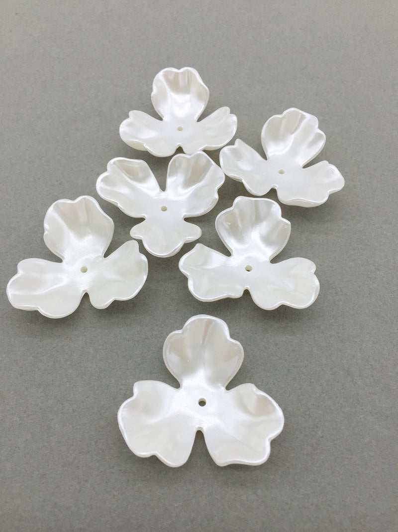 4 x Large Pearl Ivory Flower Beads, 37mm Three Petal Lucite Flowers