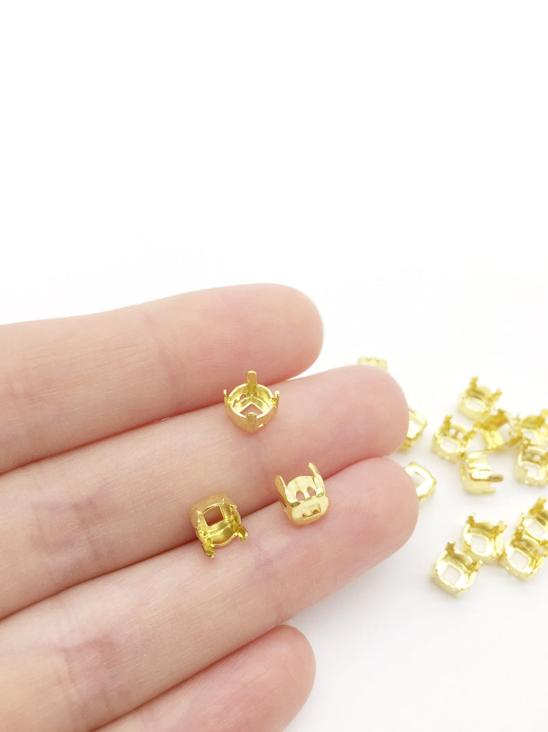 24 x 6x7mm Brass Setting for 6mm Round Crystals, Gold Bezel Claw Setting for Rhinestones (3724G)