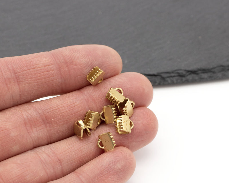 10 x Raw Brass Ribbon End Clasps, 10x7mm Brass Ribbon Crimp Ends (C0162)